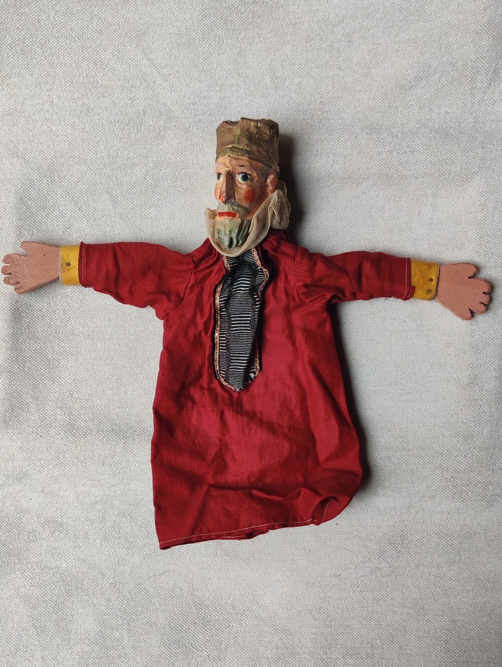 Vintage King Hand Puppet Carved Painted Wood Fabric Handmade Folk Art Toy Europe